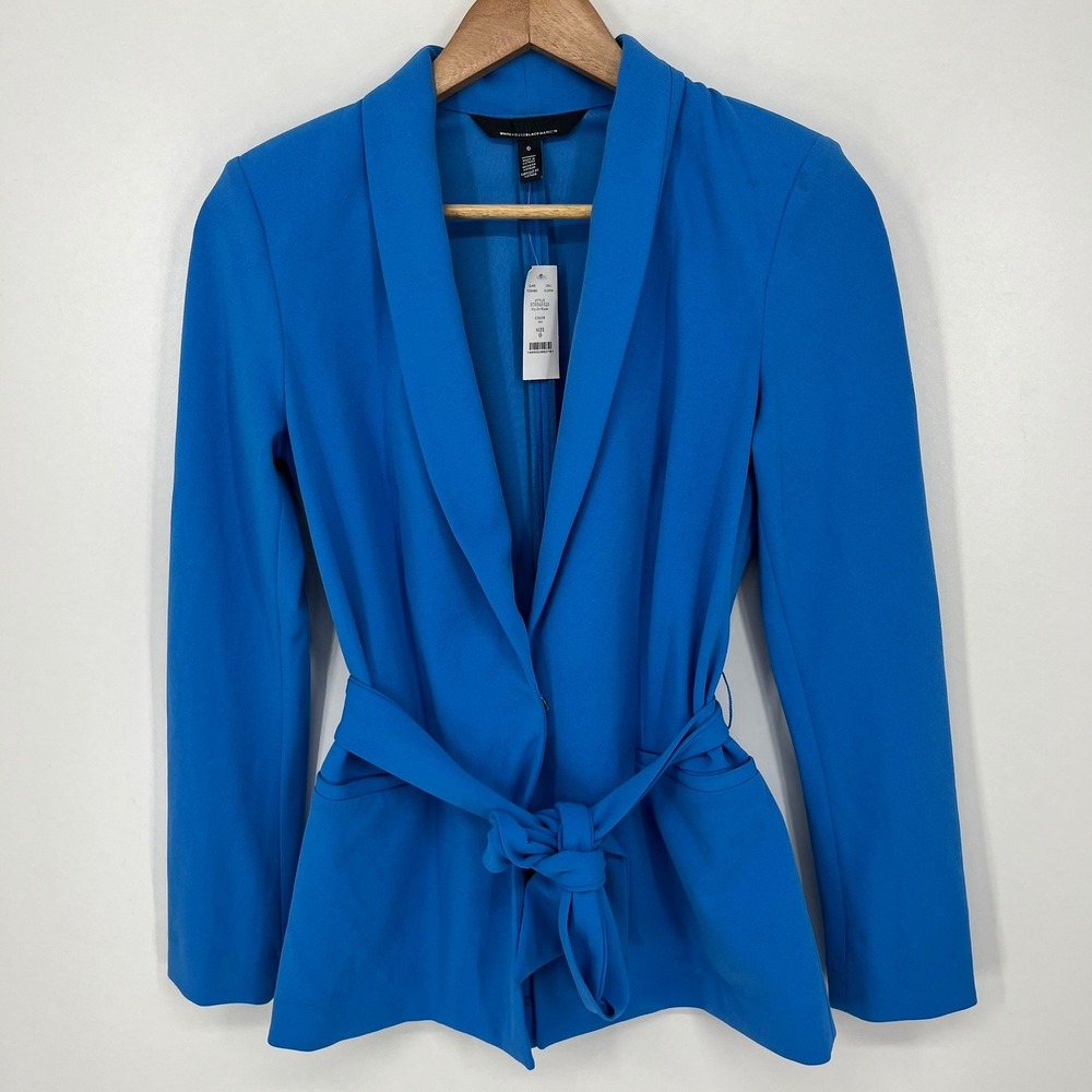 White House Black Market Isla Blue Slip On Blazer Tie Waist Size 0 New